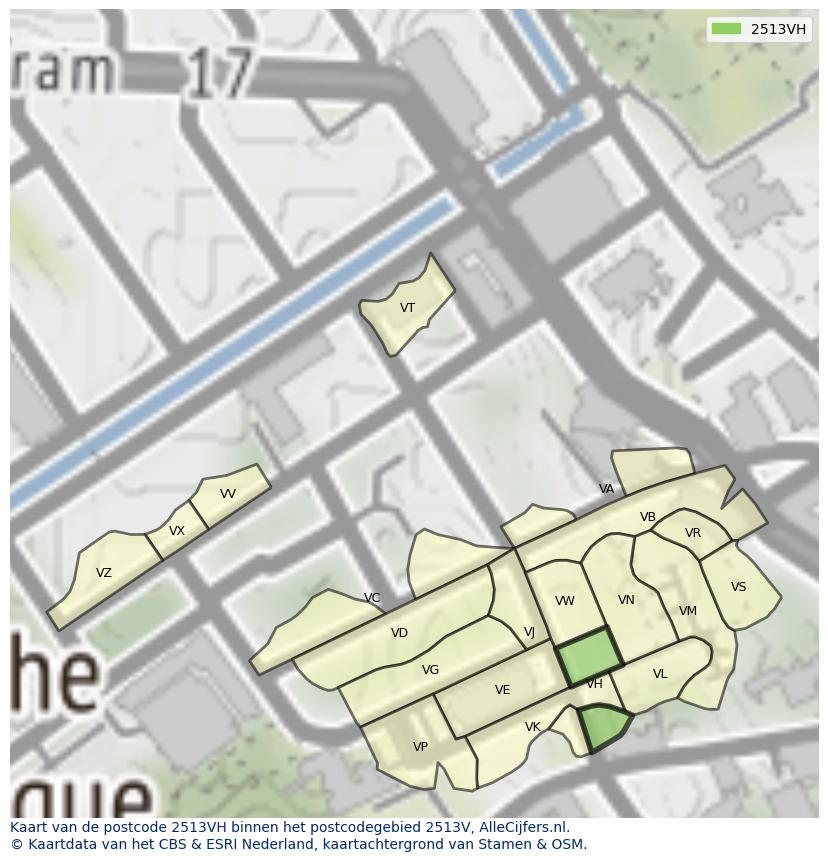Afbeelding van het postcodegebied 2513 VH op de kaart.