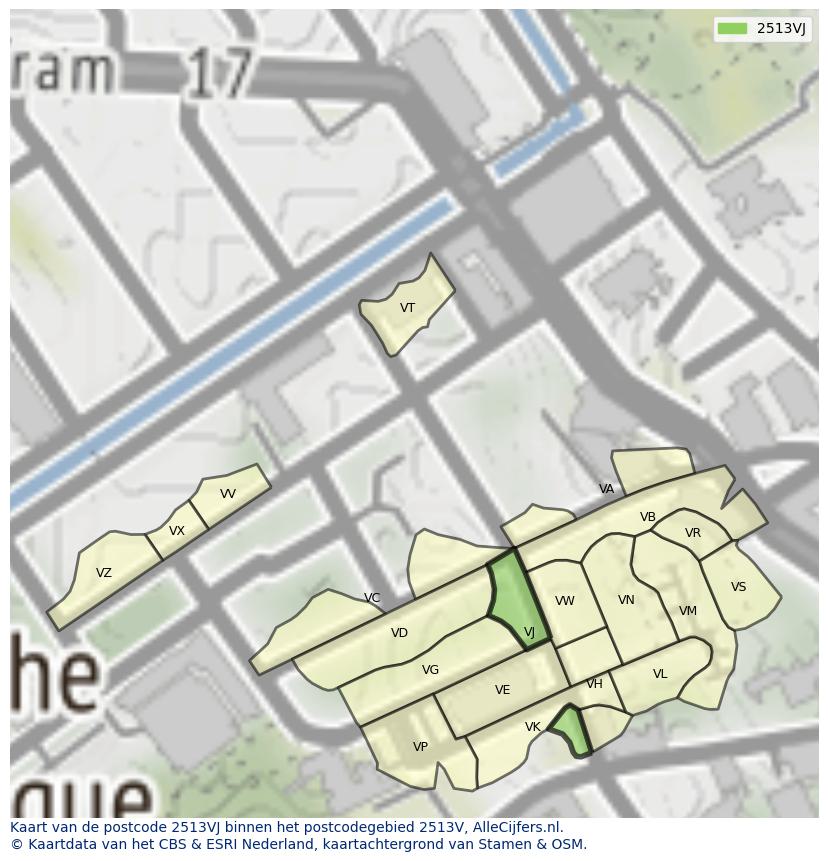 Afbeelding van het postcodegebied 2513 VJ op de kaart.