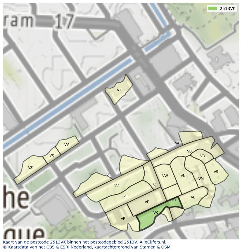 Afbeelding van het postcodegebied 2513 VK op de kaart.
