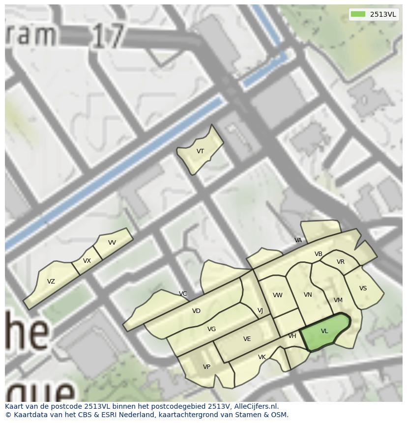 Afbeelding van het postcodegebied 2513 VL op de kaart.