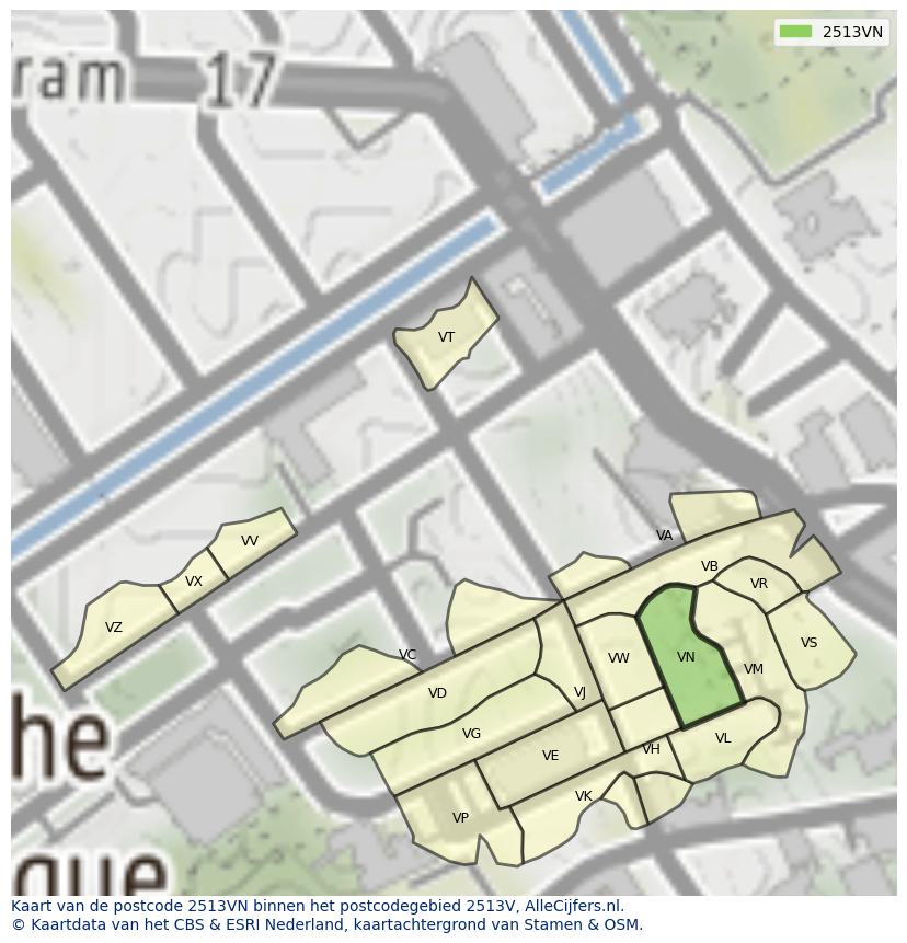 Afbeelding van het postcodegebied 2513 VN op de kaart.