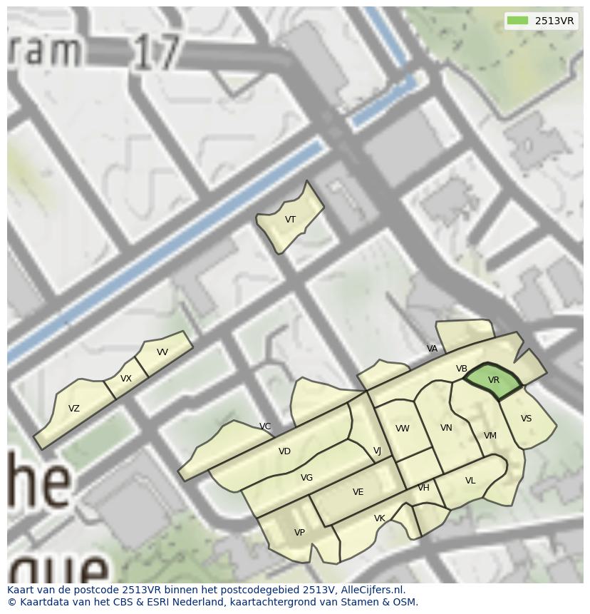 Afbeelding van het postcodegebied 2513 VR op de kaart.