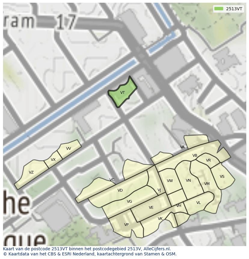 Afbeelding van het postcodegebied 2513 VT op de kaart.