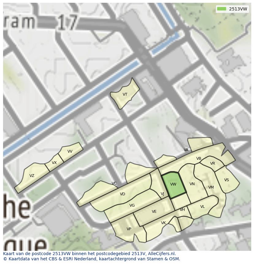 Afbeelding van het postcodegebied 2513 VW op de kaart.