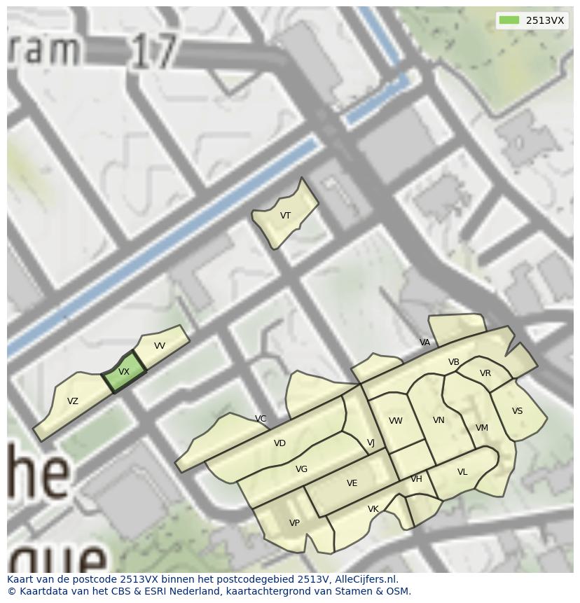 Afbeelding van het postcodegebied 2513 VX op de kaart.