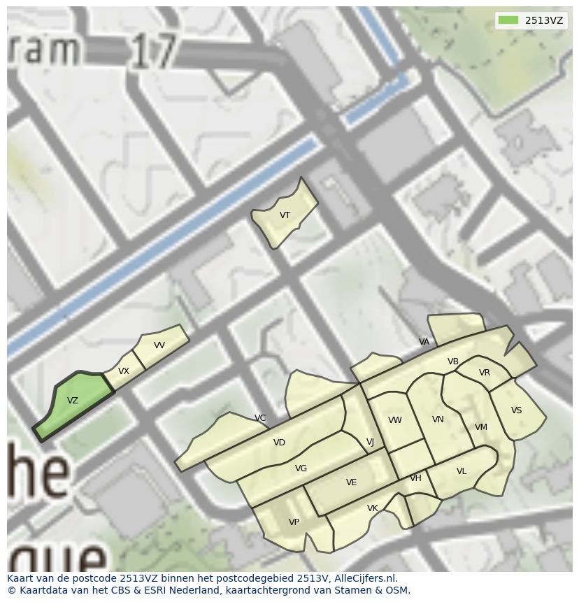 Afbeelding van het postcodegebied 2513 VZ op de kaart.