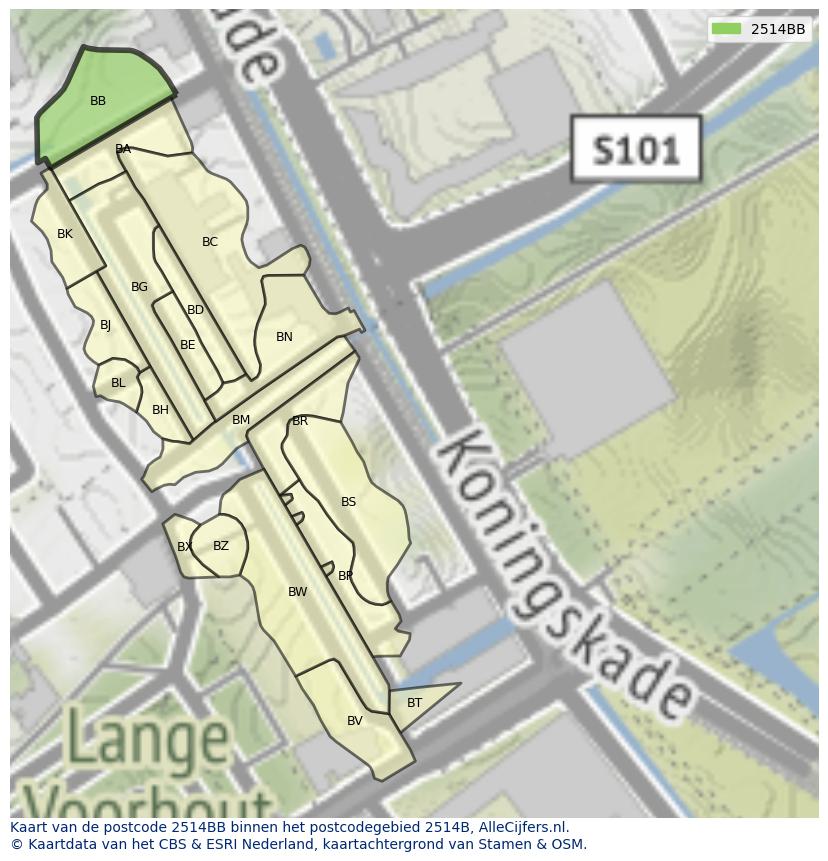 Afbeelding van het postcodegebied 2514 BB op de kaart.