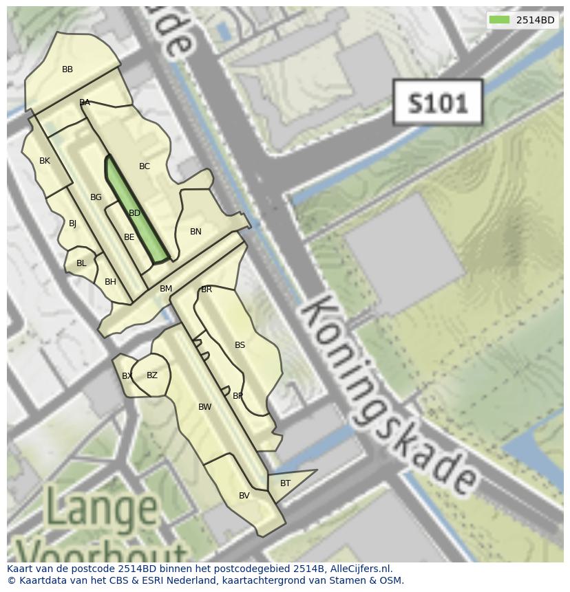Afbeelding van het postcodegebied 2514 BD op de kaart.