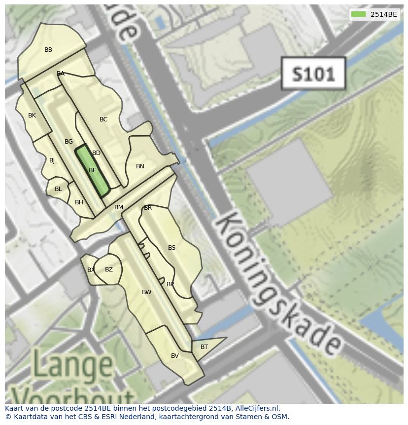 Afbeelding van het postcodegebied 2514 BE op de kaart.
