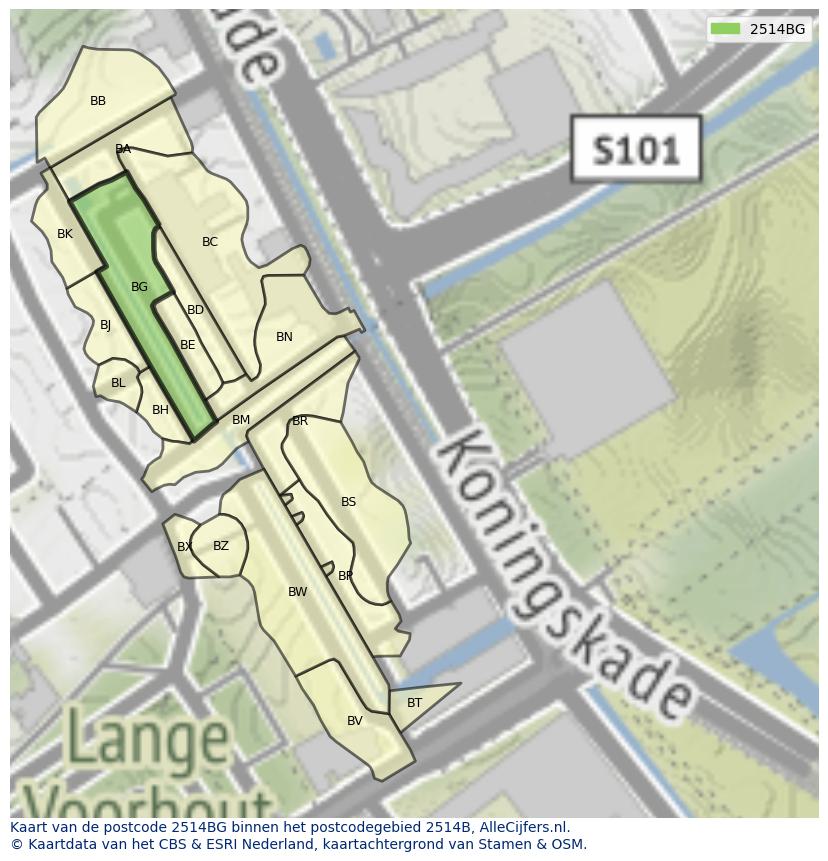 Afbeelding van het postcodegebied 2514 BG op de kaart.