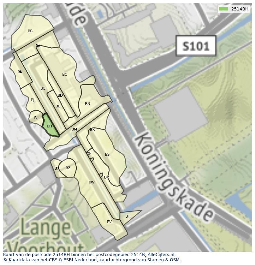 Afbeelding van het postcodegebied 2514 BH op de kaart.