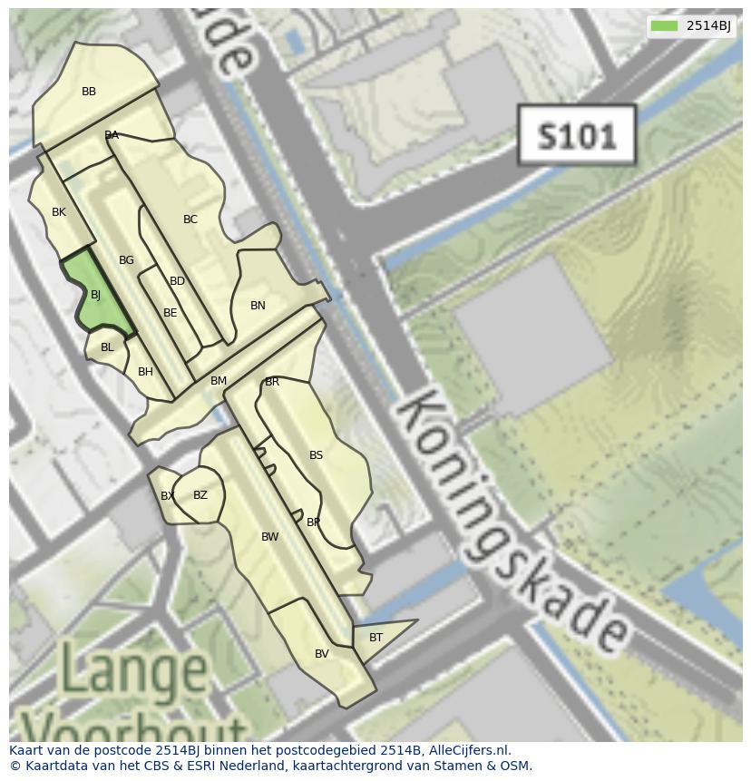 Afbeelding van het postcodegebied 2514 BJ op de kaart.