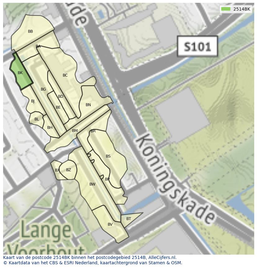 Afbeelding van het postcodegebied 2514 BK op de kaart.