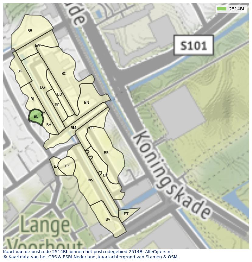 Afbeelding van het postcodegebied 2514 BL op de kaart.