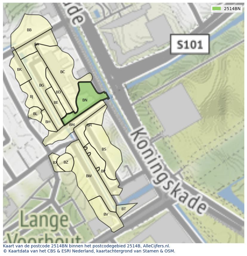 Afbeelding van het postcodegebied 2514 BN op de kaart.