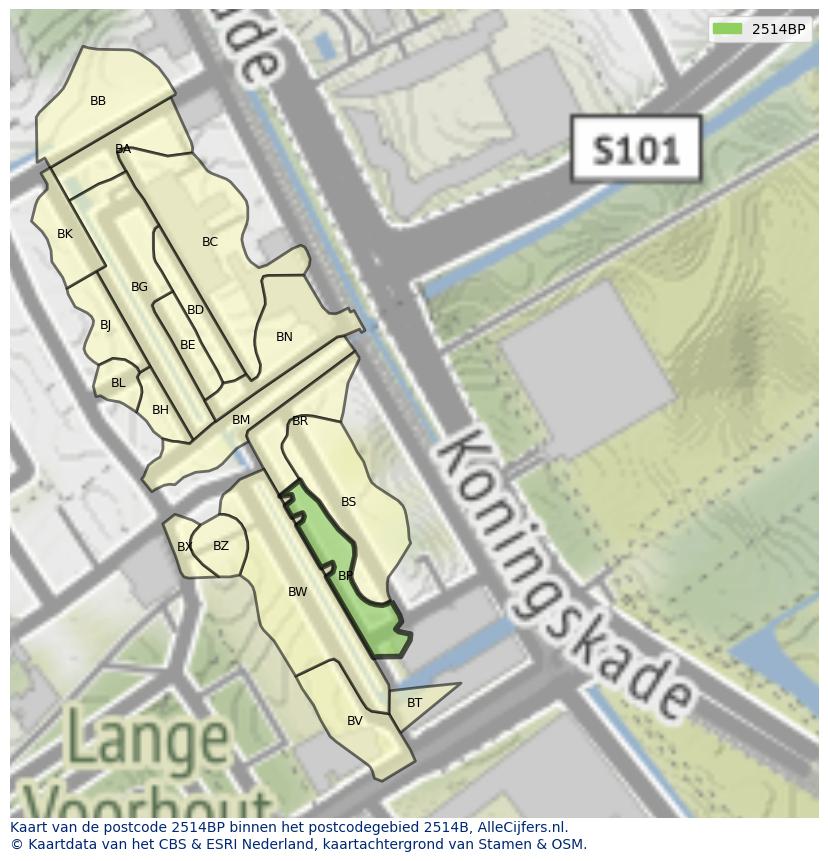 Afbeelding van het postcodegebied 2514 BP op de kaart.