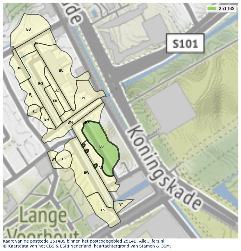 Afbeelding van het postcodegebied 2514 BS op de kaart.