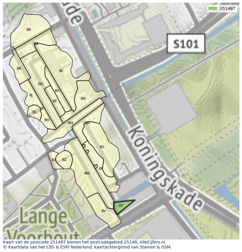 Afbeelding van het postcodegebied 2514 BT op de kaart.