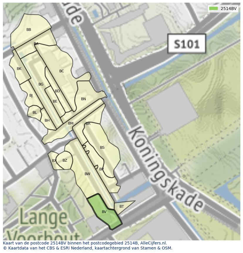 Afbeelding van het postcodegebied 2514 BV op de kaart.