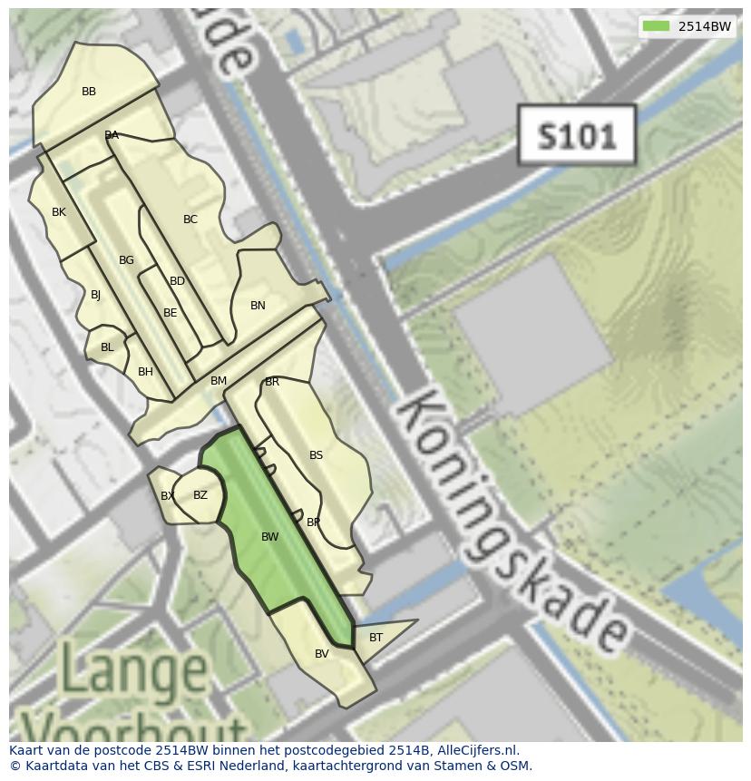 Afbeelding van het postcodegebied 2514 BW op de kaart.