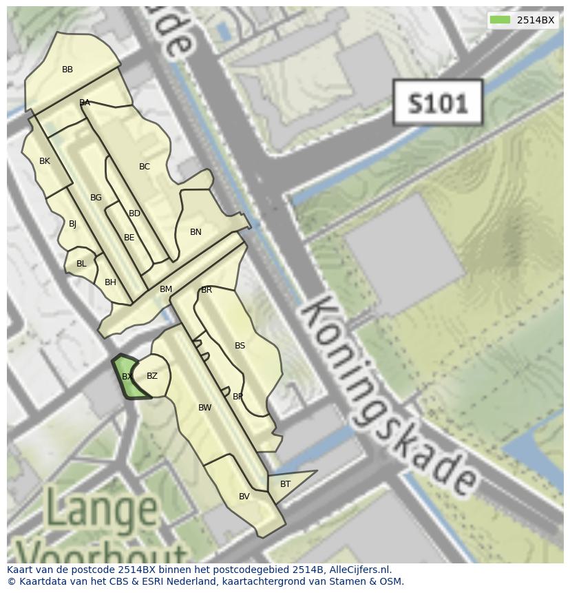 Afbeelding van het postcodegebied 2514 BX op de kaart.