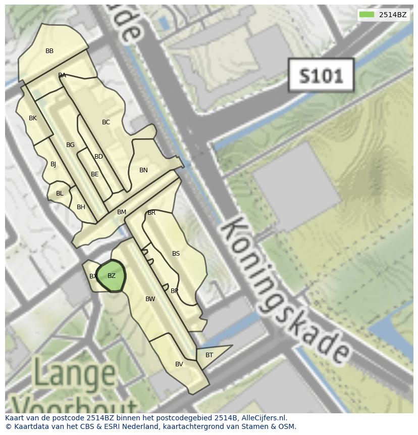Afbeelding van het postcodegebied 2514 BZ op de kaart.