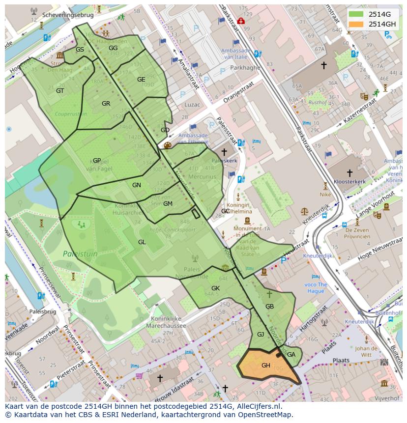 Afbeelding van het postcodegebied 2514 GH op de kaart.