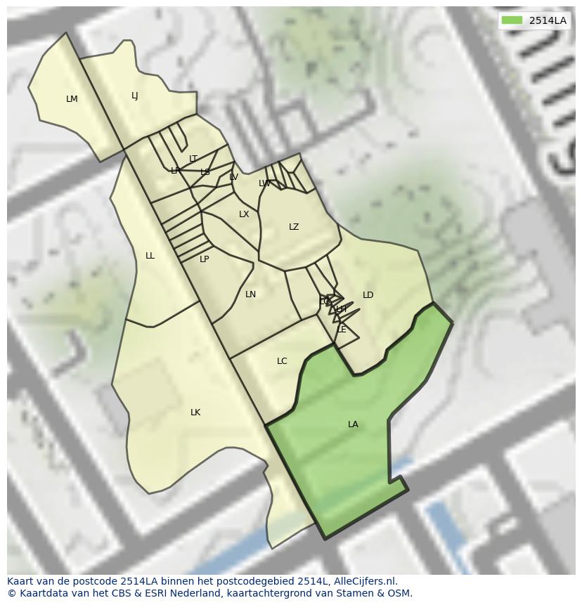 Afbeelding van het postcodegebied 2514 LA op de kaart.