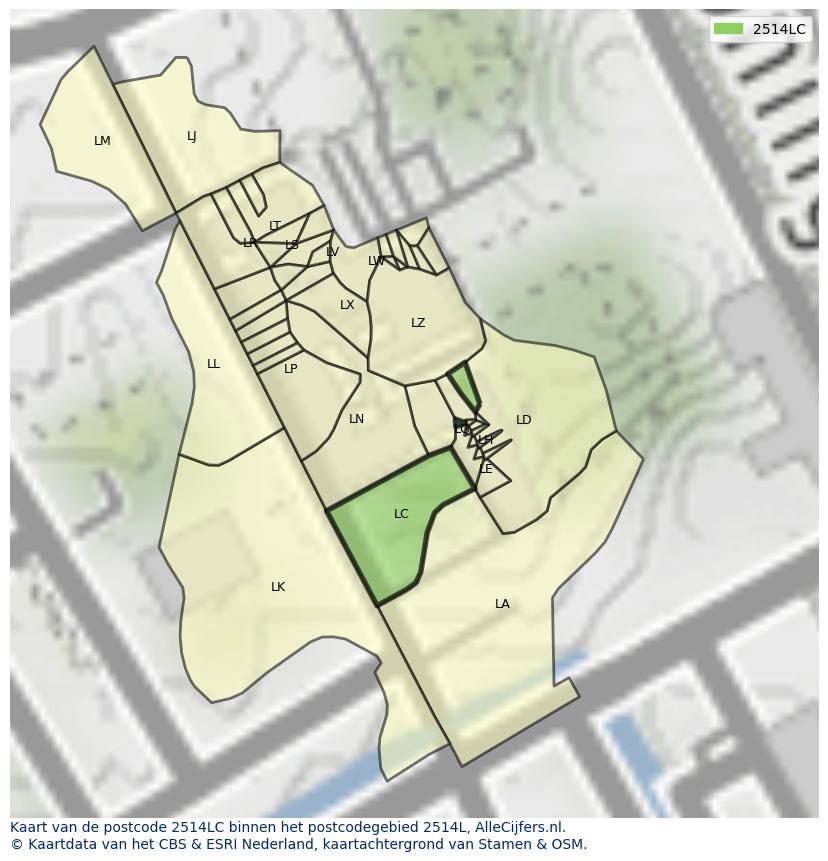 Afbeelding van het postcodegebied 2514 LC op de kaart.