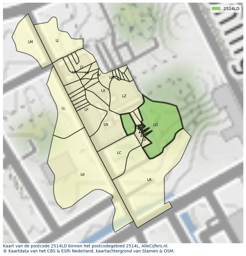 Afbeelding van het postcodegebied 2514 LD op de kaart.