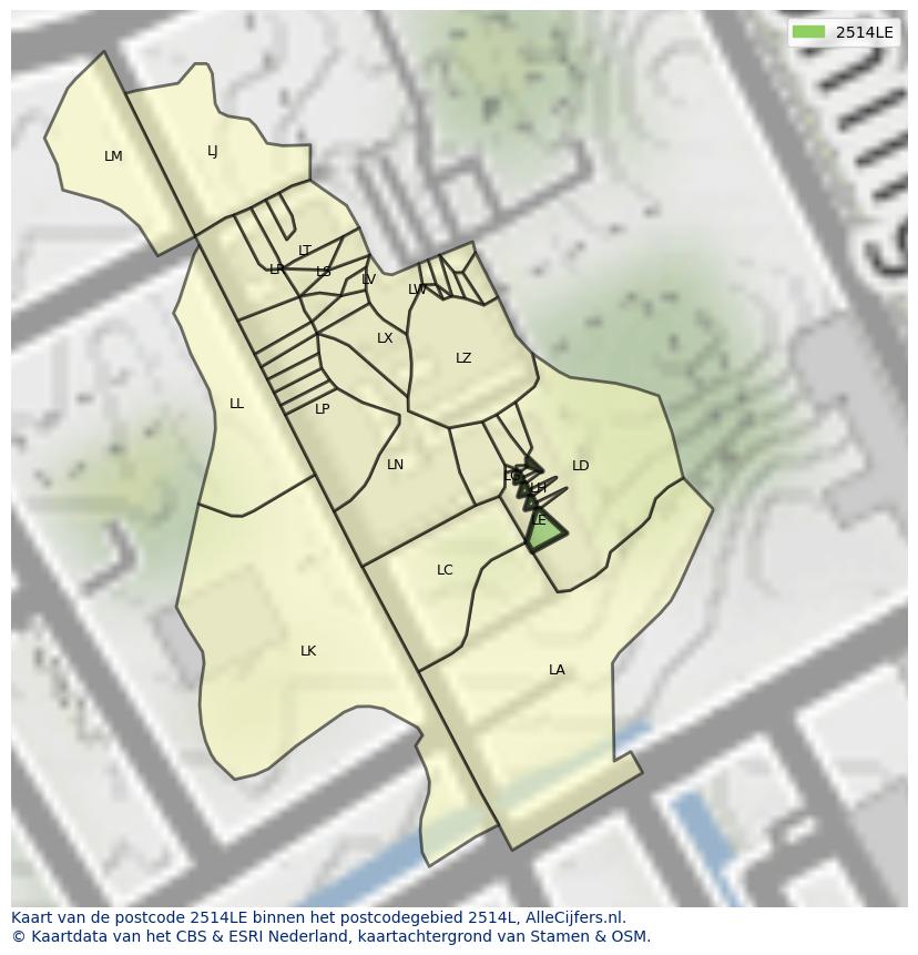 Afbeelding van het postcodegebied 2514 LE op de kaart.