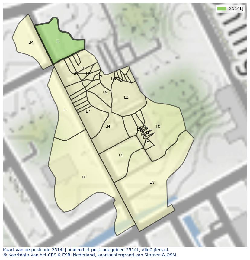 Afbeelding van het postcodegebied 2514 LJ op de kaart.