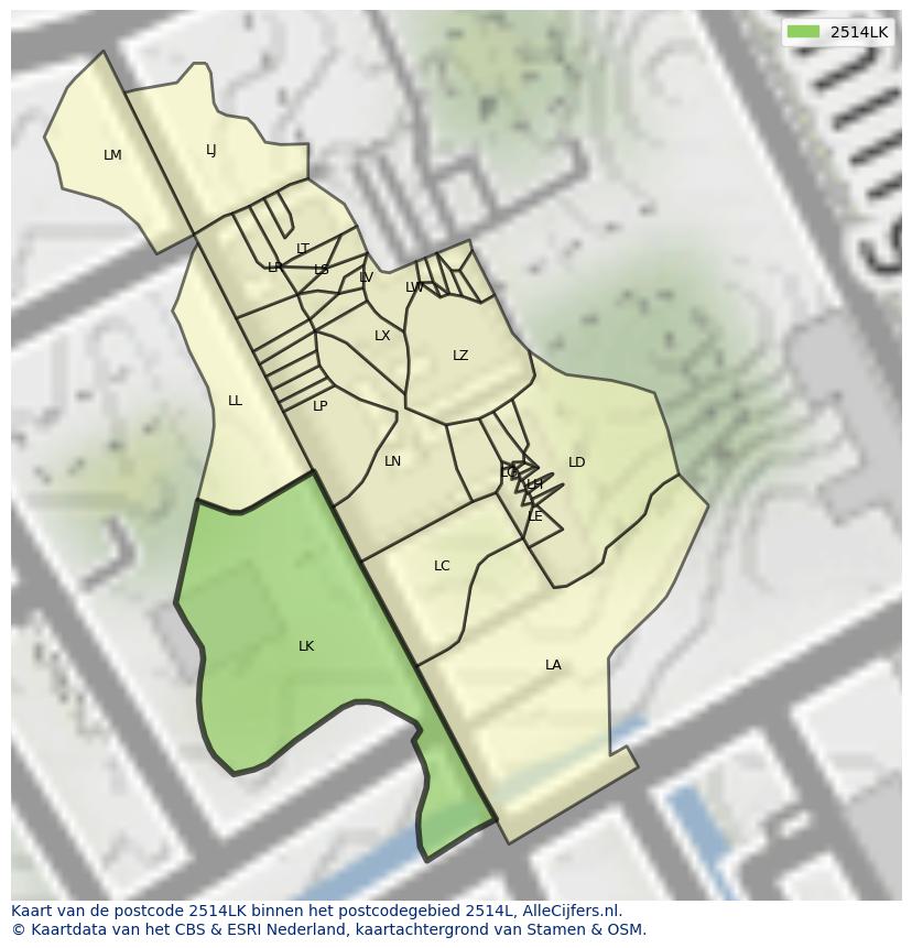 Afbeelding van het postcodegebied 2514 LK op de kaart.