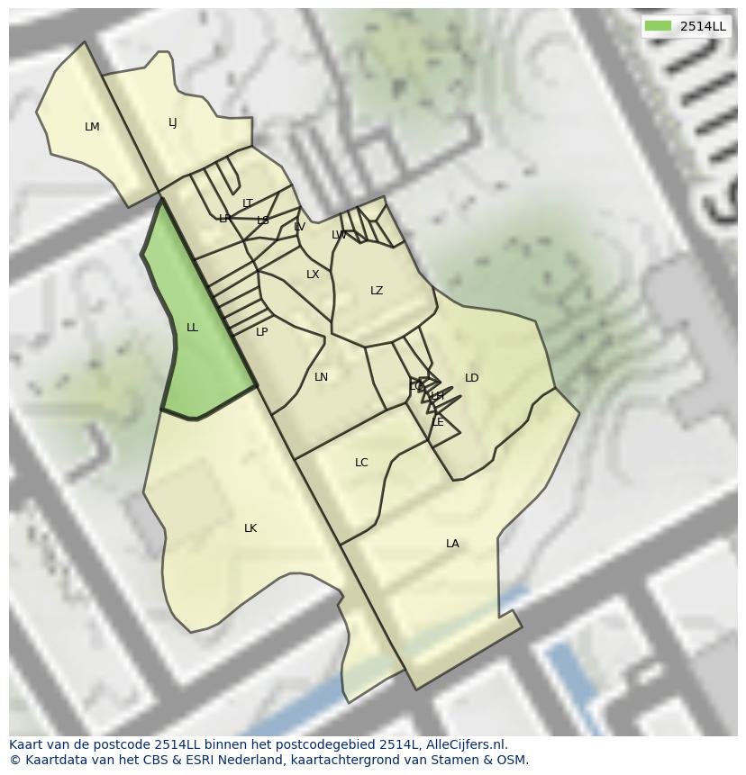 Afbeelding van het postcodegebied 2514 LL op de kaart.
