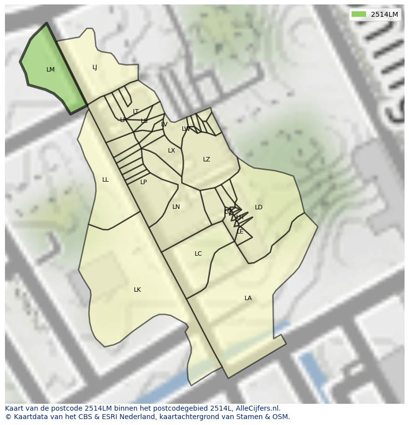 Afbeelding van het postcodegebied 2514 LM op de kaart.