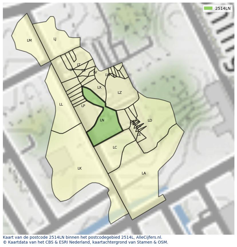 Afbeelding van het postcodegebied 2514 LN op de kaart.