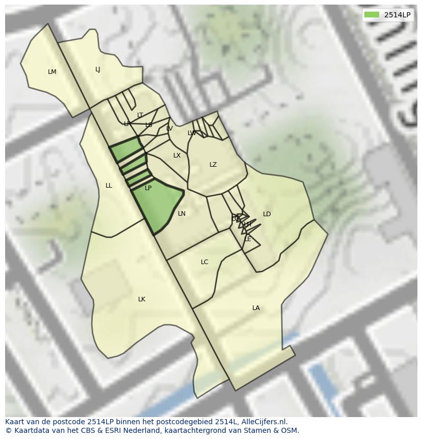 Afbeelding van het postcodegebied 2514 LP op de kaart.
