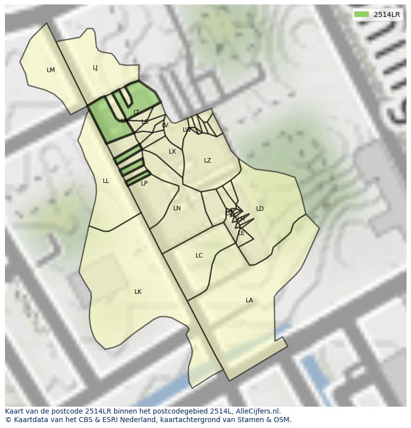 Afbeelding van het postcodegebied 2514 LR op de kaart.