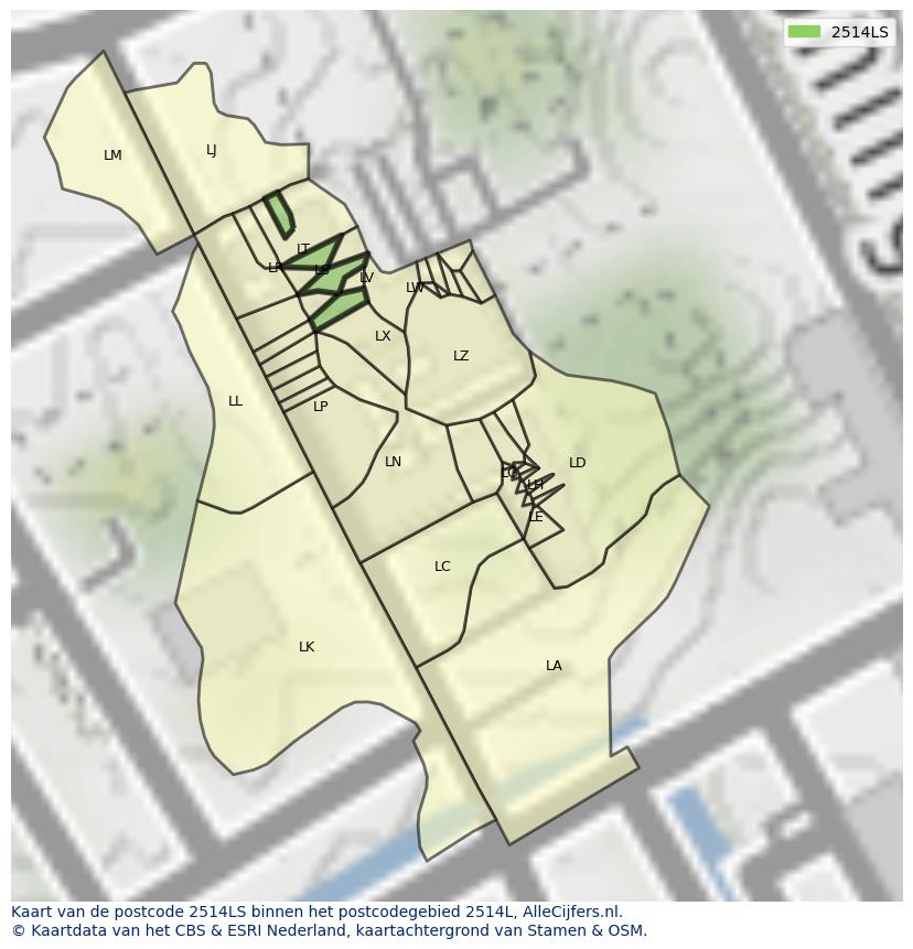 Afbeelding van het postcodegebied 2514 LS op de kaart.