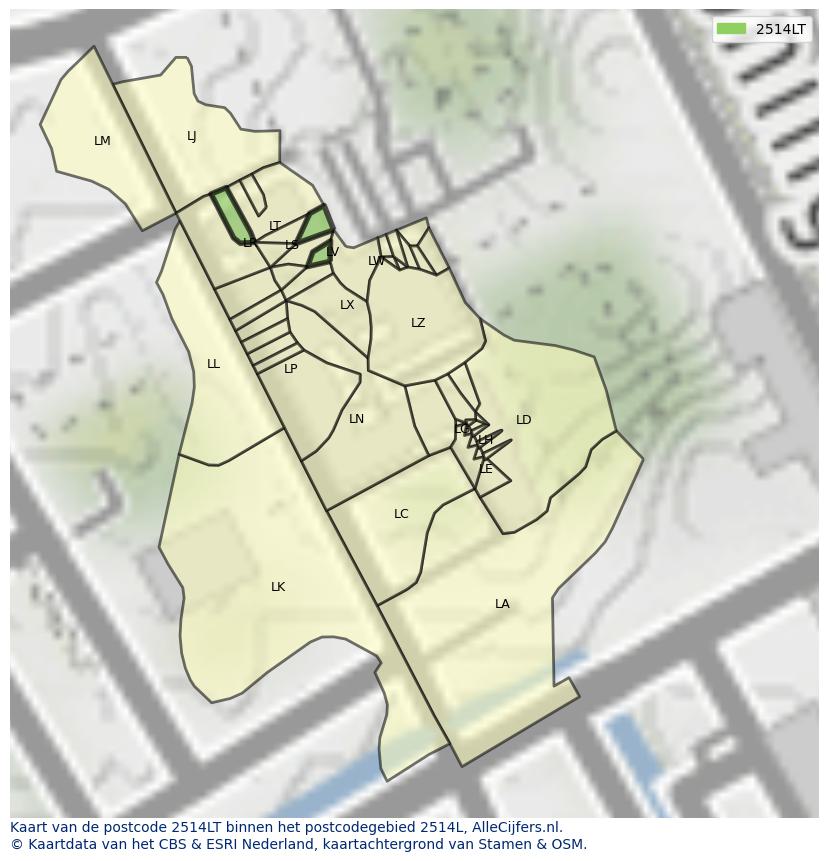 Afbeelding van het postcodegebied 2514 LT op de kaart.
