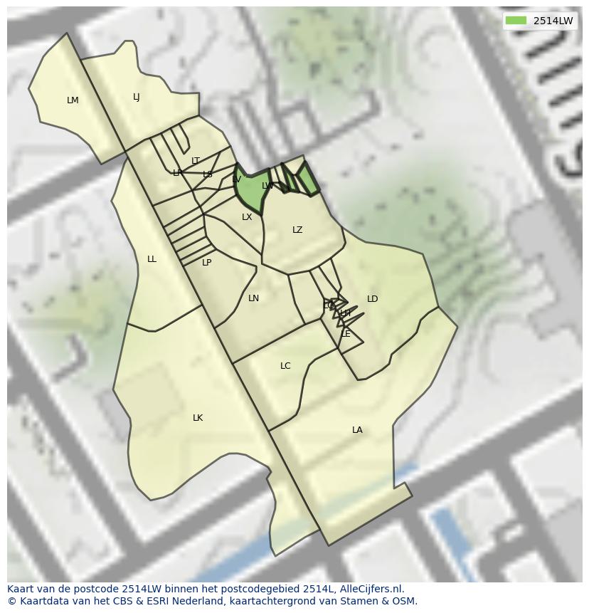 Afbeelding van het postcodegebied 2514 LW op de kaart.