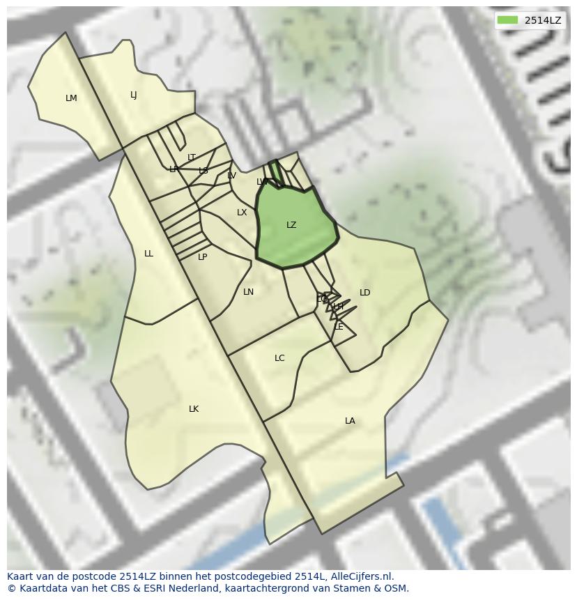 Afbeelding van het postcodegebied 2514 LZ op de kaart.
