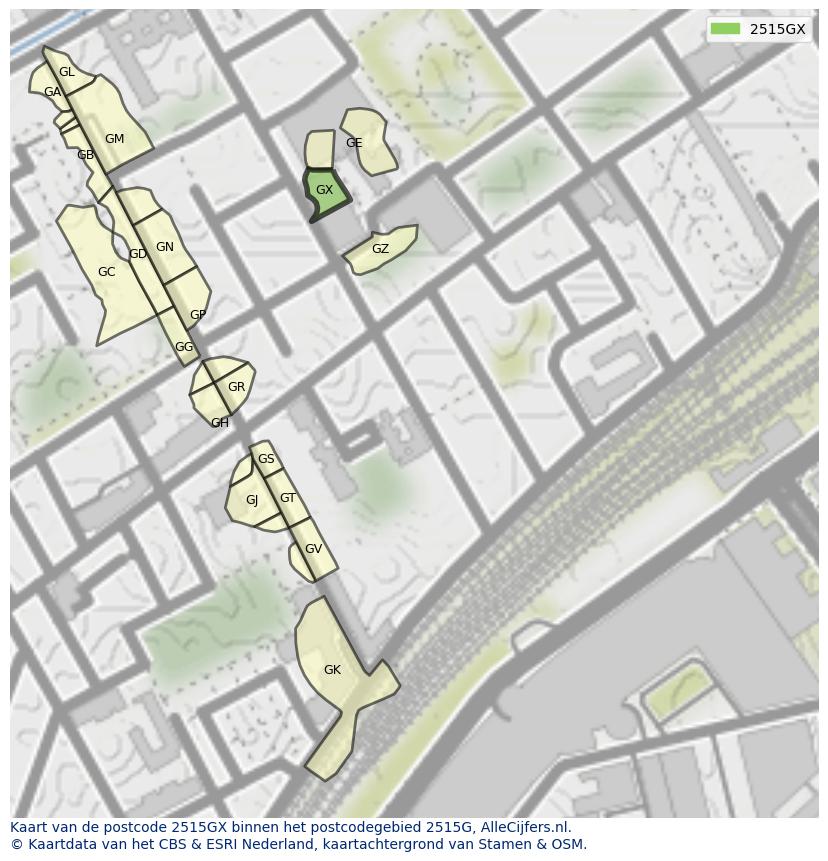 Afbeelding van het postcodegebied 2515 GX op de kaart.