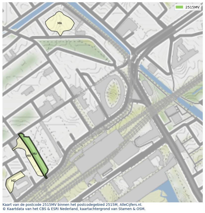 Afbeelding van het postcodegebied 2515 MV op de kaart.