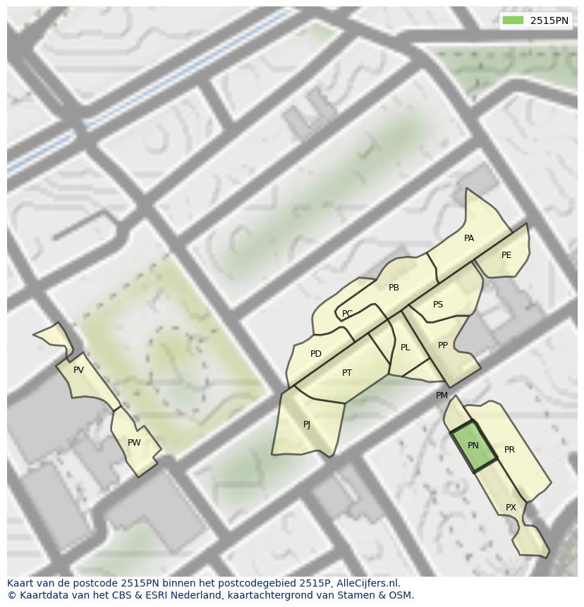 Afbeelding van het postcodegebied 2515 PN op de kaart.