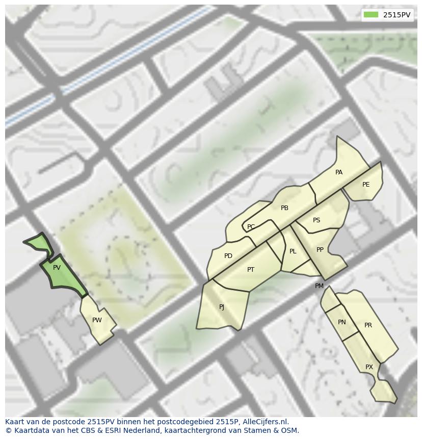 Afbeelding van het postcodegebied 2515 PV op de kaart.