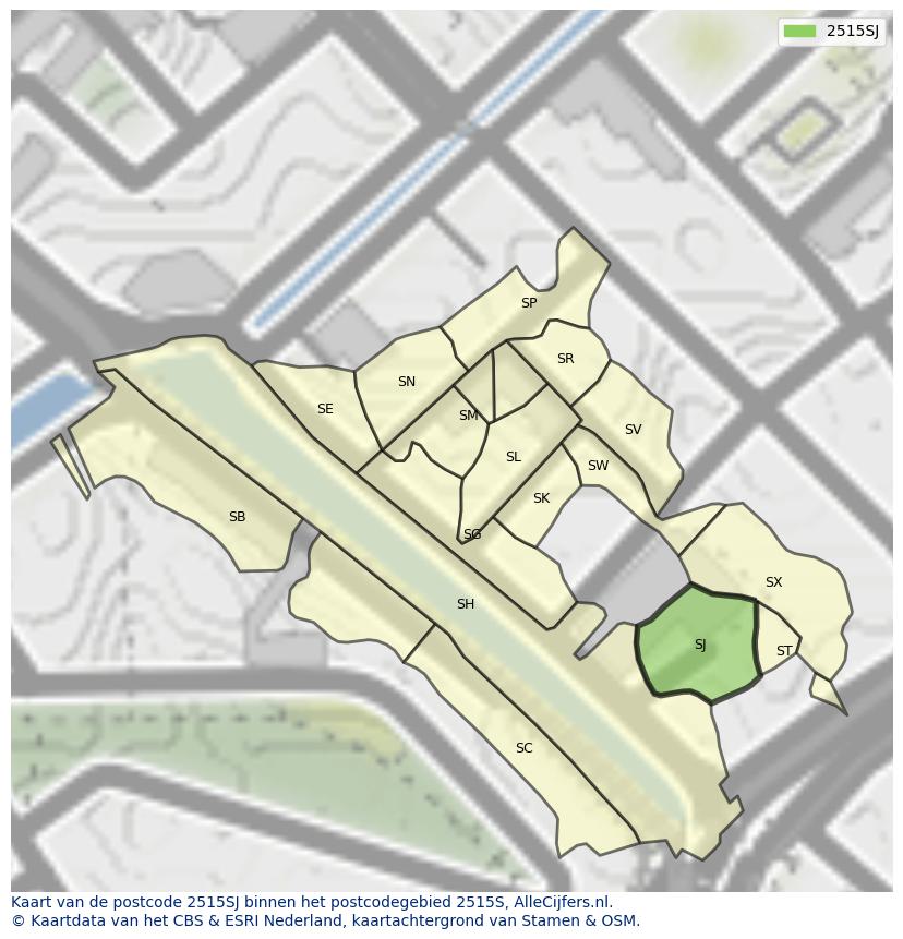 Afbeelding van het postcodegebied 2515 SJ op de kaart.