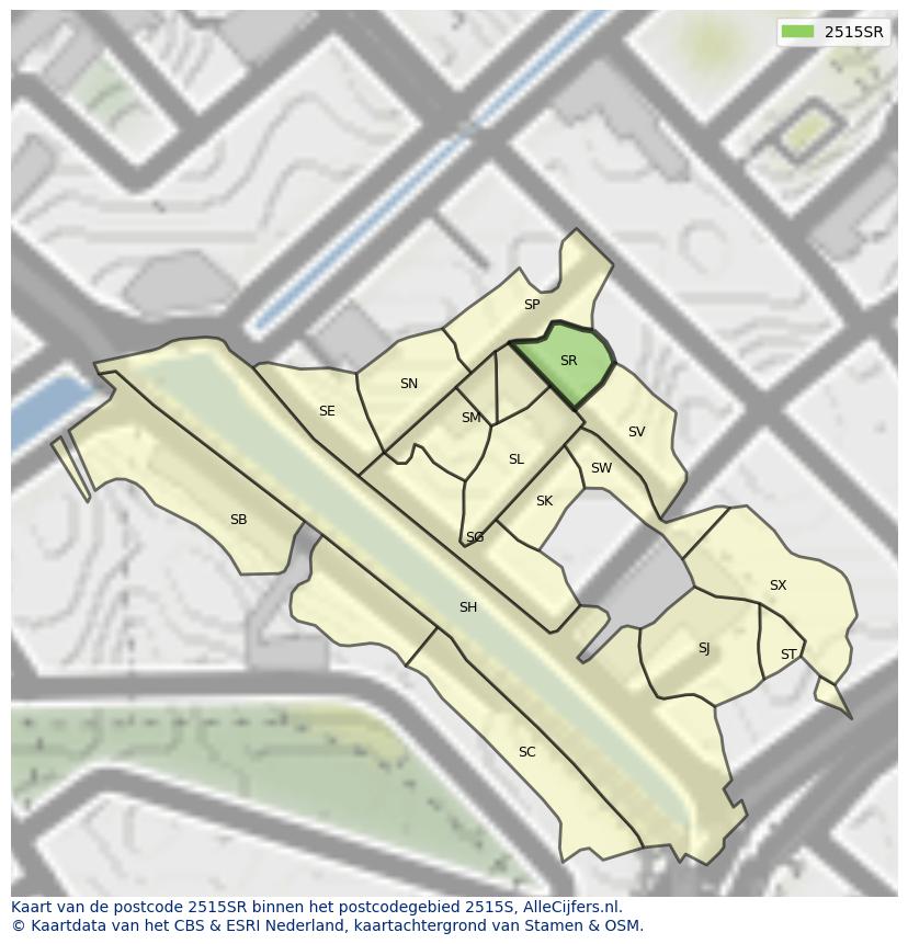 Afbeelding van het postcodegebied 2515 SR op de kaart.