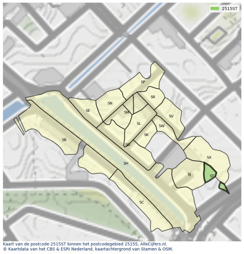 Afbeelding van het postcodegebied 2515 ST op de kaart.