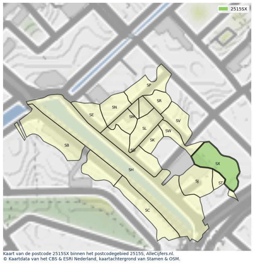 Afbeelding van het postcodegebied 2515 SX op de kaart.